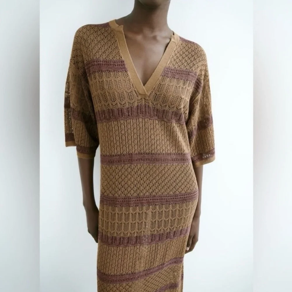 Zara Long Knit Kaftan Maxi Dress Size M/L - Picture 4 of 11